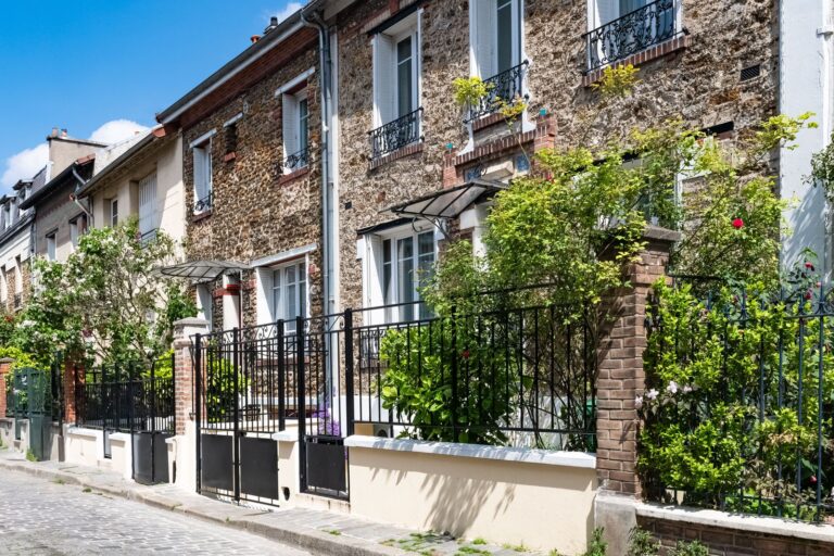 Stone townhouses with black iron railings and climbing plants