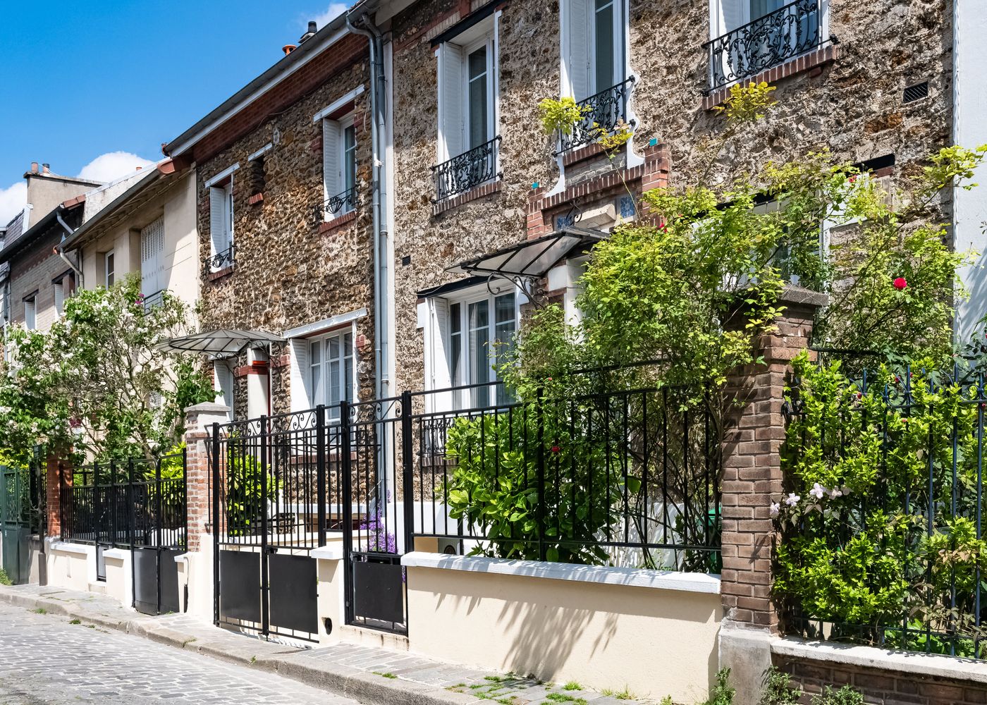Stone townhouses with black iron railings and climbing plants